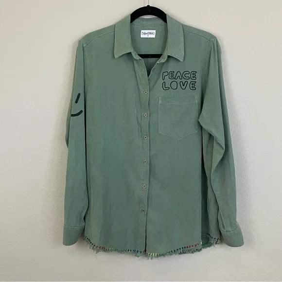 Lauren Moshi Sloane Cool Skull Chambray Raw Hem Button Down Shirt Size Medium - Picture 4 of 11